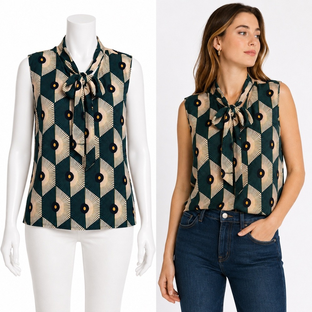 80 Park Blouse Women XL Green Geometric Retro Tie Neck Sleeveless Stretch Top